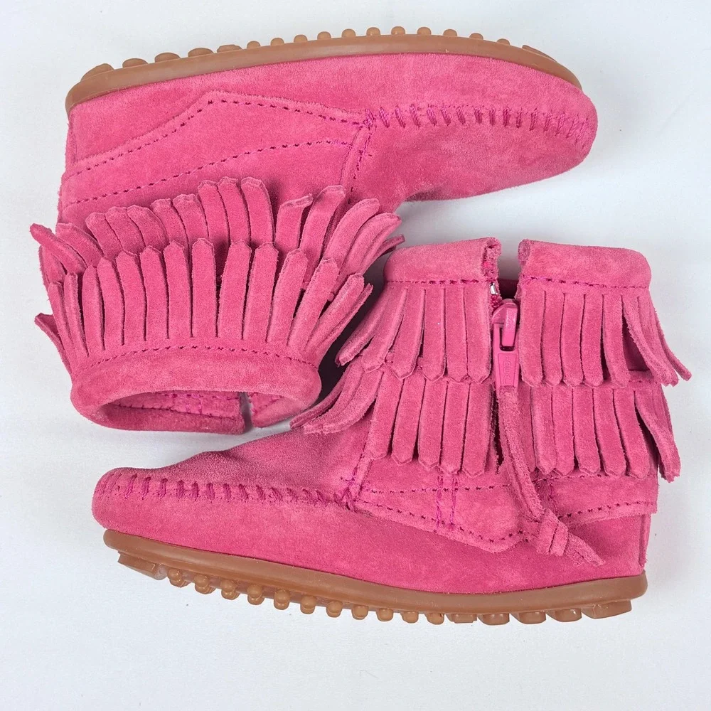 Minnetonka Toddler Hot Pink Suede Fringe Back Zip Moccasin Booties Sz 8 Cowgirl